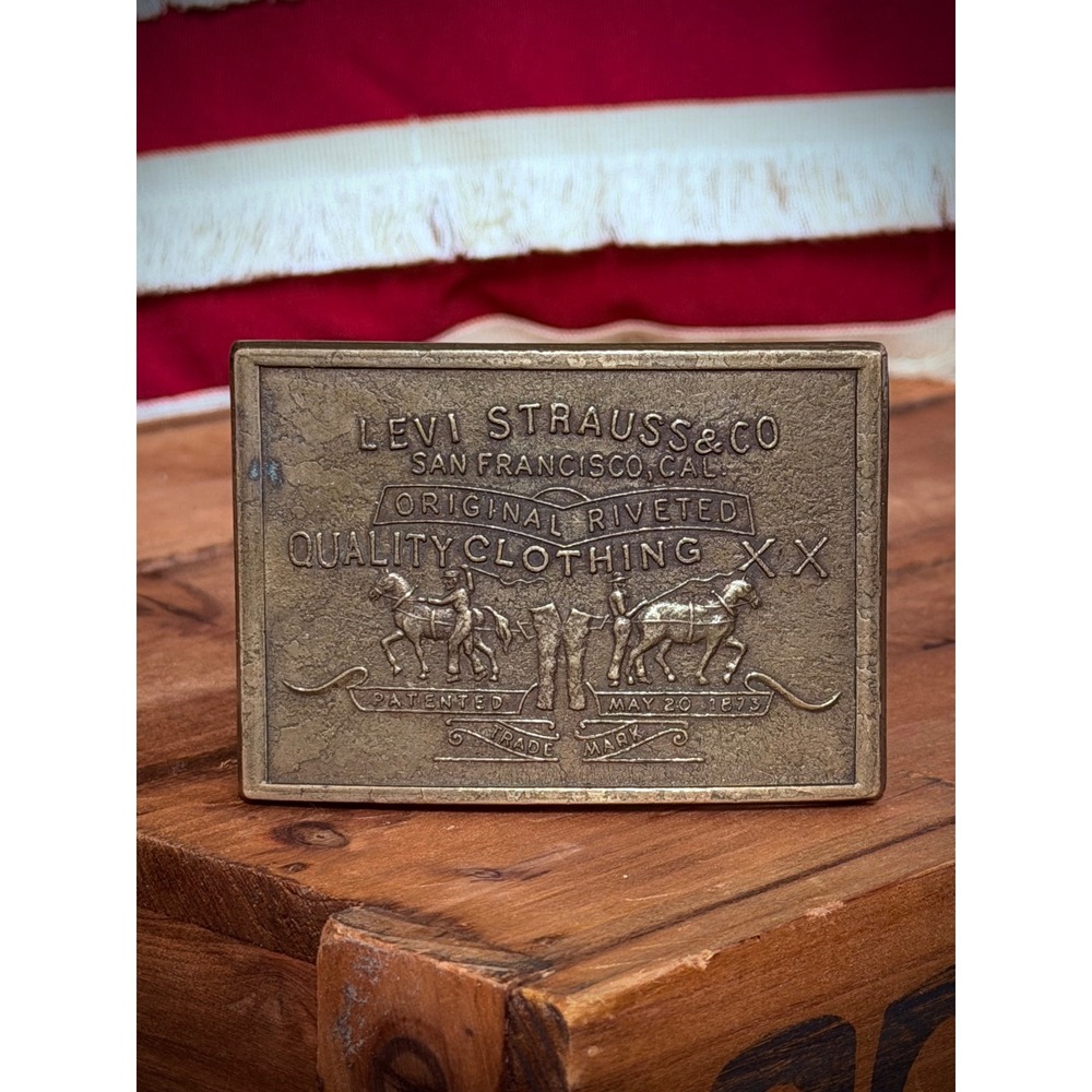 Vintage Levi Strauss & Co Solid Brass Belt Buckle Two Horse Logo Rectangular